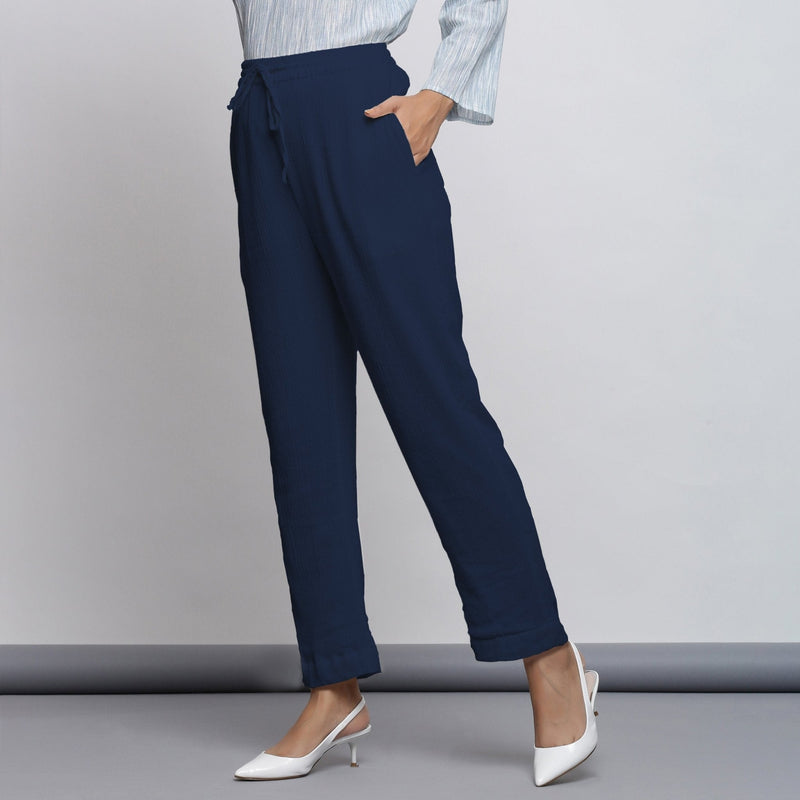 Navy Blue Crinkled Cotton Flax Elasticated Mid-Rise Tapered Pant