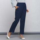 Navy Blue Crinkled Cotton Flax Elasticated Mid-Rise Tapered Pant