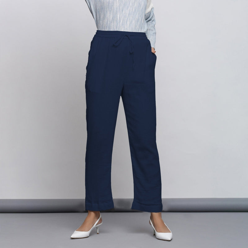Navy Blue Crinkled Cotton Flax Elasticated Mid-Rise Tapered Pant
