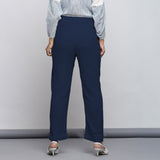 Navy Blue Crinkled Cotton Flax Elasticated Mid-Rise Tapered Pant