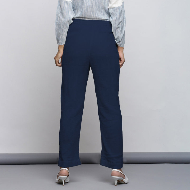 Navy Blue Crinkled Cotton Flax Elasticated Mid-Rise Tapered Pant