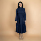 Navy Blue Crinkled Cotton Flax Fit and Flare Maxi Empire Dress