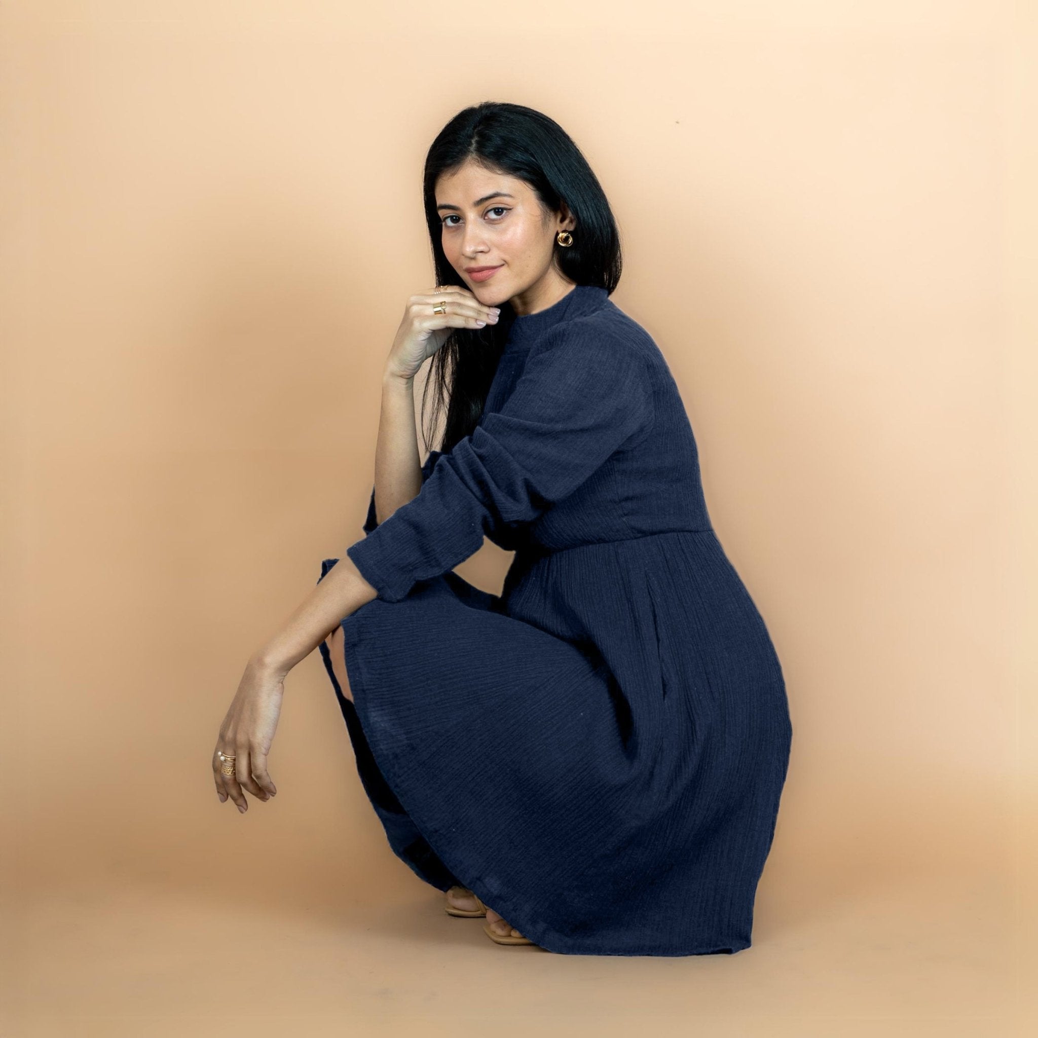 Navy Blue Crinkled Cotton Flax Fit and Flare Maxi Empire Dress