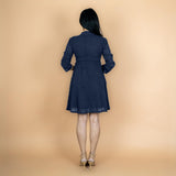 Navy Blue Crinkled Cotton Flax Fit and Flare Short Empire Dress