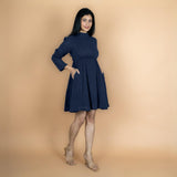 Navy Blue Crinkled Cotton Flax Fit and Flare Short Empire Dress
