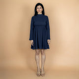 Navy Blue Crinkled Cotton Flax Fit and Flare Short Empire Dress