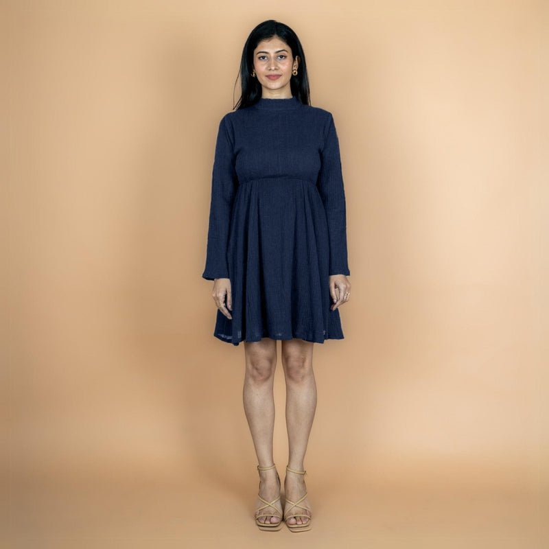 Navy Blue Crinkled Cotton Flax Fit and Flare Short Empire Dress
