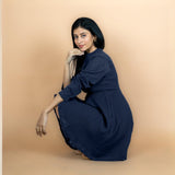 Navy Blue Crinkled Cotton Flax Fit and Flare Short Empire Dress
