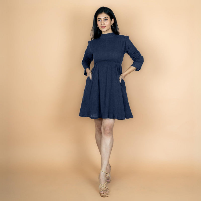 Navy Blue Crinkled Cotton Flax Fit and Flare Short Empire Dress