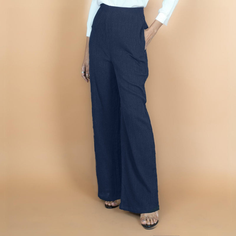 Navy Blue Crinkled Cotton Flax High-Rise Flared Pant