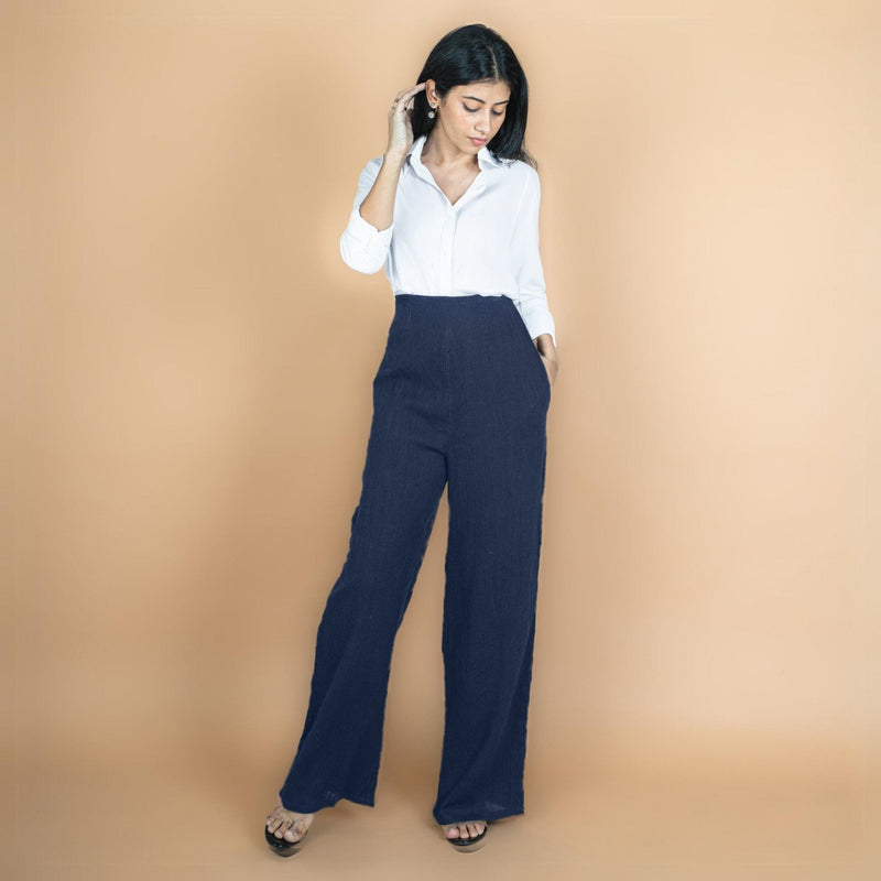 Navy Blue Crinkled Cotton Flax High-Rise Flared Pant