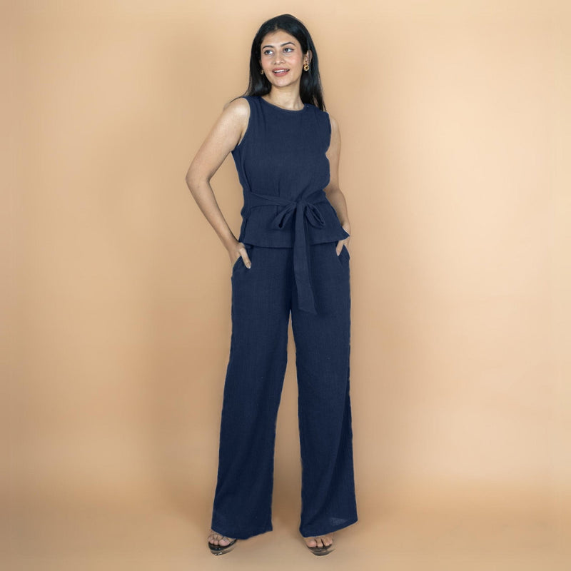 Navy Blue Crinkled Cotton Flax High-Rise Flared Pant