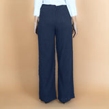 Navy Blue Crinkled Cotton Flax High-Rise Flared Pant