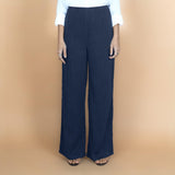 Navy Blue Crinkled Cotton Flax High-Rise Flared Pant