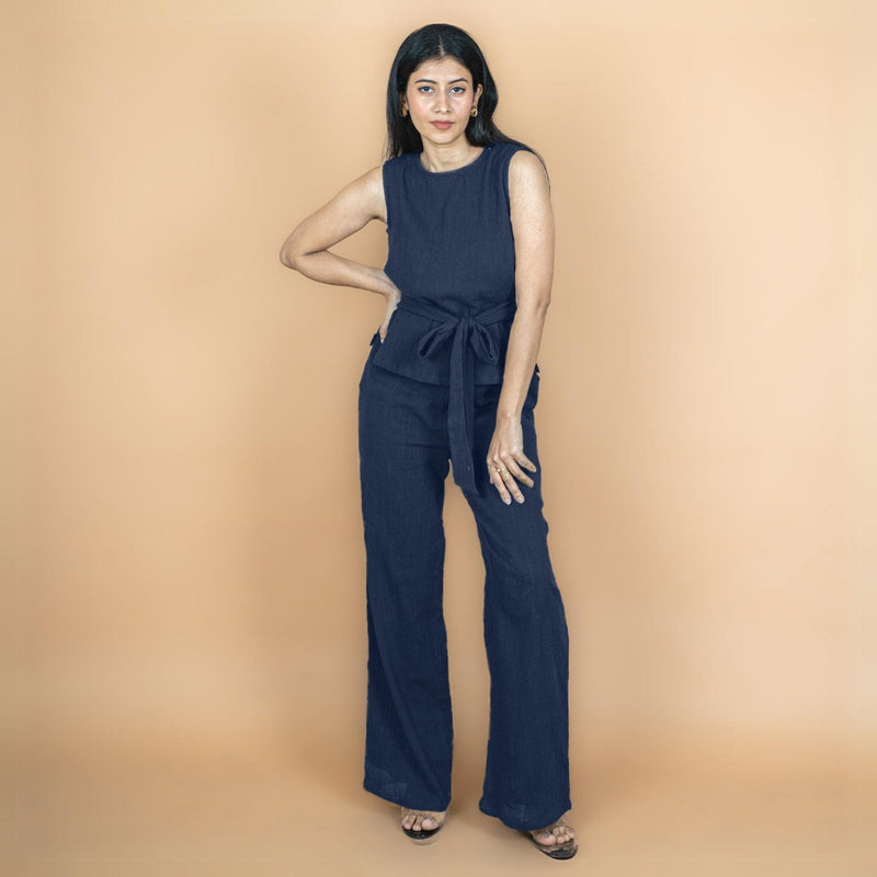 Navy Blue Crinkled Cotton Flax High-Rise Flared Pant