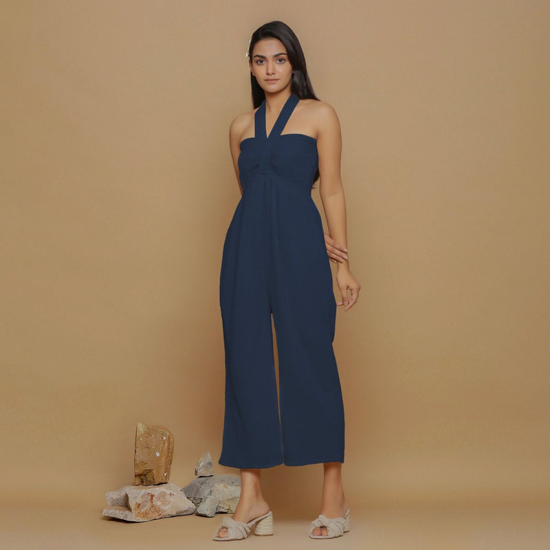 Navy Blue Crinkled Cotton Flax High-Rise Jumpsuit