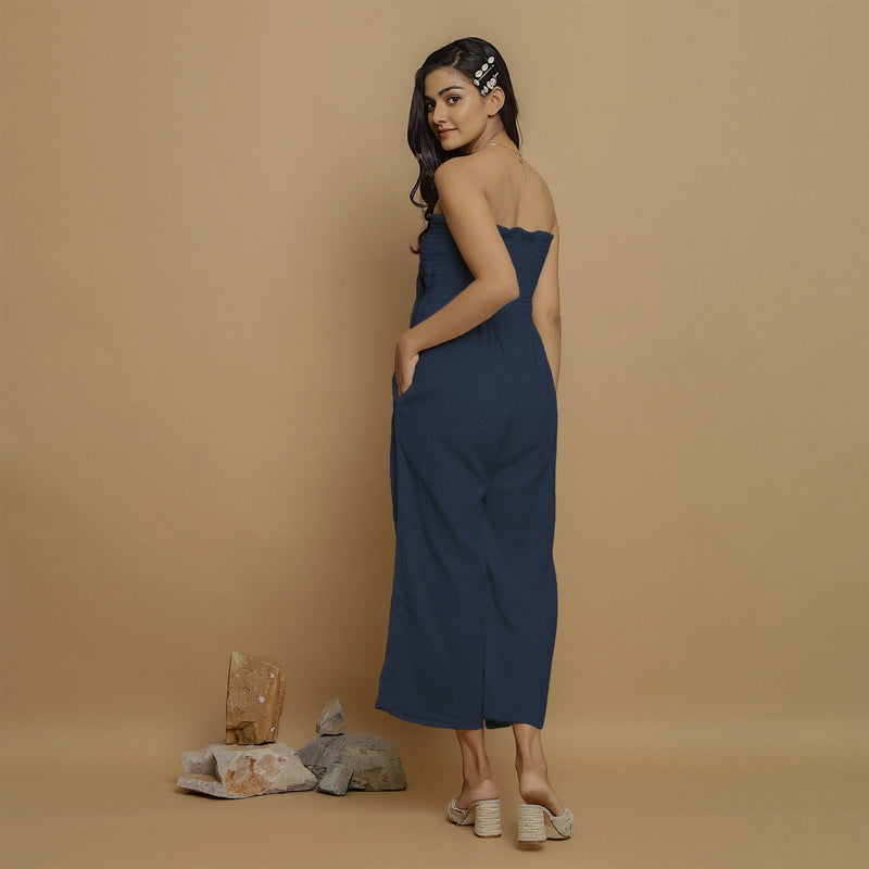 Navy Blue Crinkled Cotton Flax High-Rise Jumpsuit