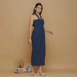 Navy Blue Crinkled Cotton Flax High-Rise Jumpsuit