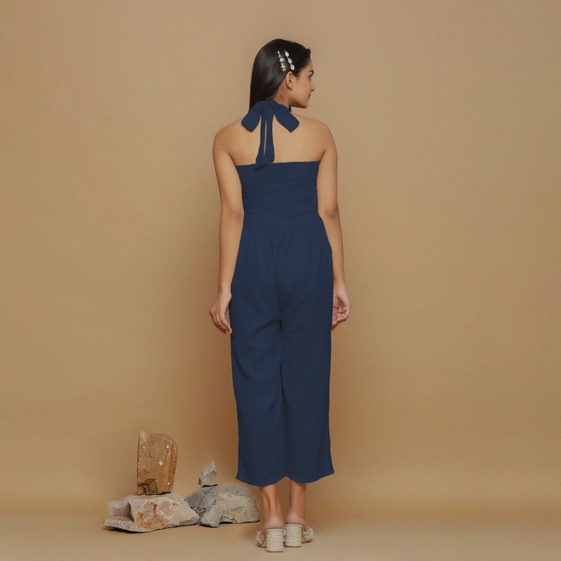 Navy Blue Crinkled Cotton Flax High-Rise Jumpsuit