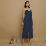 Navy Blue Crinkled Cotton Flax High-Rise Jumpsuit