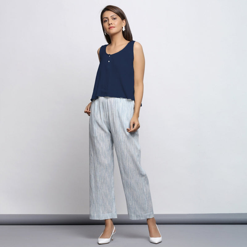 Navy Blue Crinkled Cotton Flax Round Neck Sleeveless Top