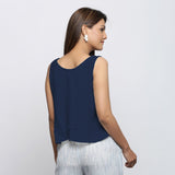 Navy Blue Crinkled Cotton Flax Round Neck Sleeveless Top