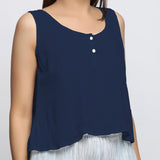 Navy Blue Crinkled Cotton Flax Round Neck Sleeveless Top