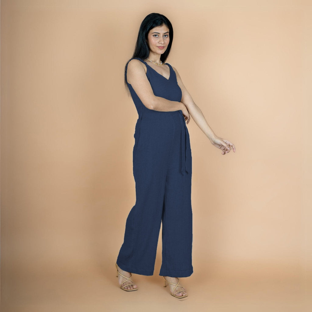 Navy Blue Crinkled Cotton Flax V-Neck Strap Sleeve Jumpsuit