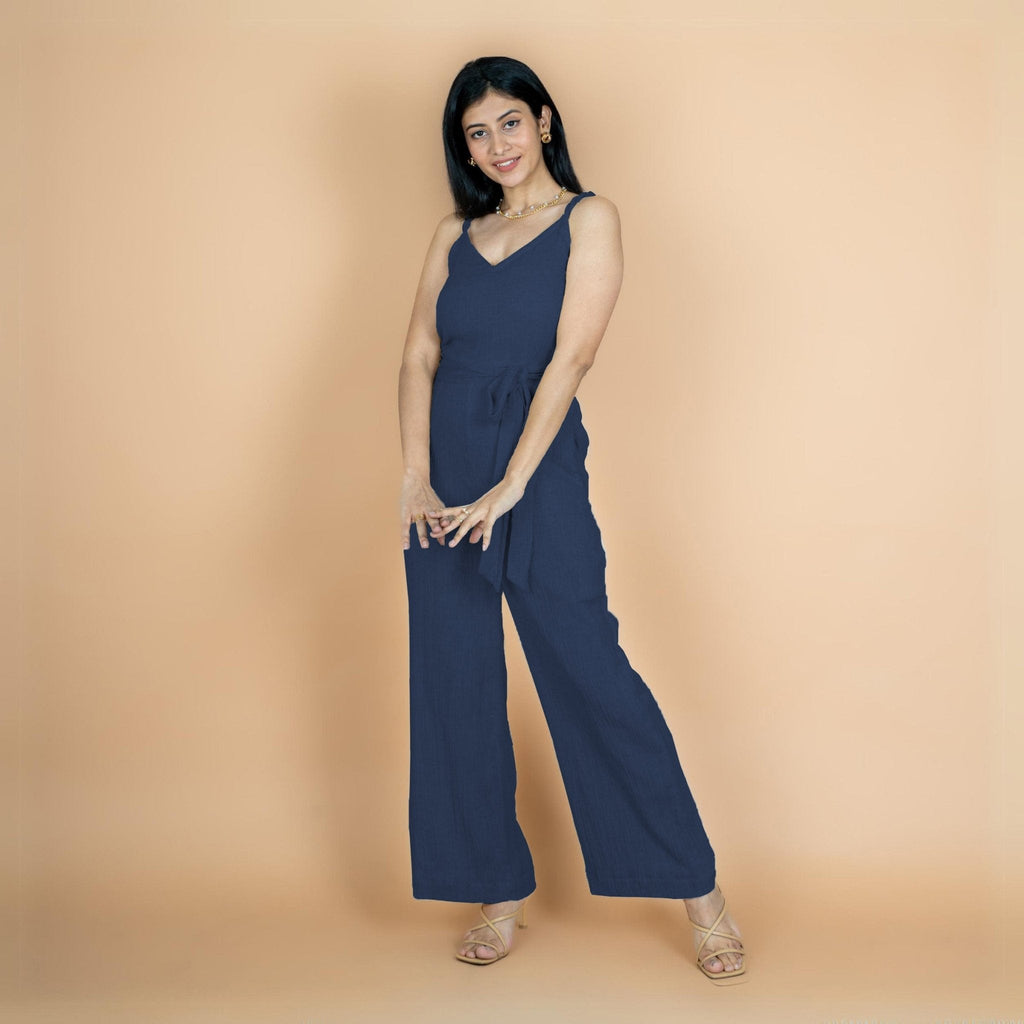Navy Blue Crinkled Cotton Flax V-Neck Strap Sleeve Jumpsuit