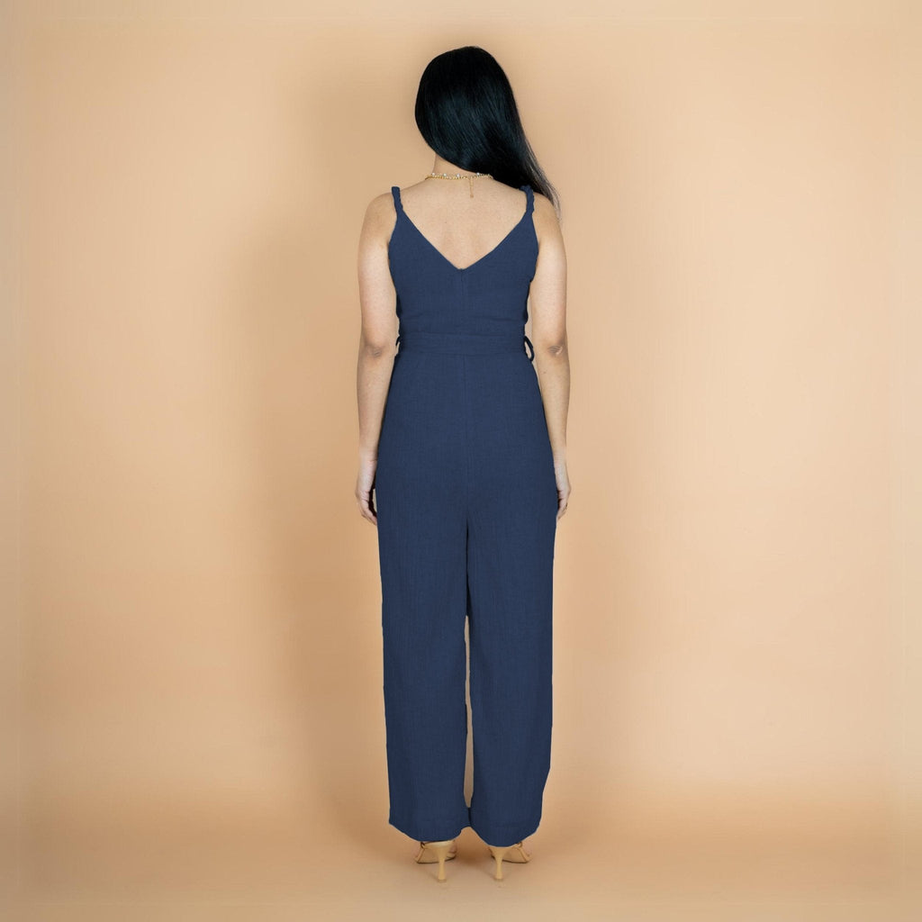 Navy Blue Crinkled Cotton Flax V-Neck Strap Sleeve Jumpsuit