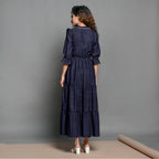 Navy Blue Hand-Beaded Cotton Flax Boho Maxi Dress
