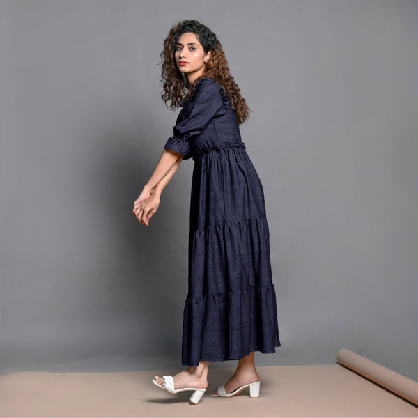 Navy Blue Hand-Beaded Cotton Flax Boho Maxi Dress