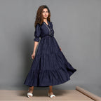 Navy Blue Hand-Beaded Cotton Flax Boho Maxi Dress