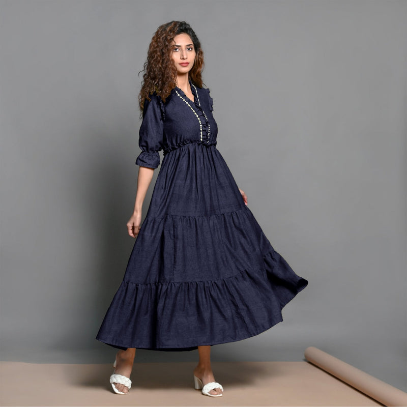 Navy Blue Hand-Beaded Cotton Flax Boho Maxi Dress
