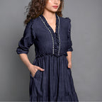 Navy Blue Hand-Beaded Cotton Flax Boho Maxi Dress