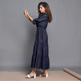 Navy Blue Hand-Beaded Cotton Flax Boho Maxi Dress