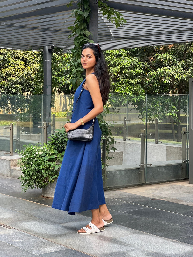 Navy Blue Handspun Cotton A-Line Front Slit Maxi Dress