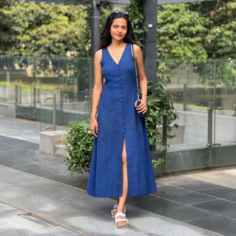 Navy Blue Handspun Cotton A-Line Front Slit Maxi Dress