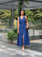 Navy Blue Handspun Cotton A-Line Front Slit Maxi Dress
