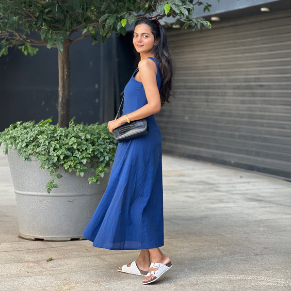 Navy Blue Handspun Cotton A-Line Front Slit Maxi Dress