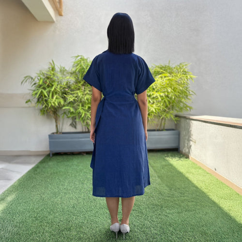 Navy Blue Handspun Cotton A-Line Midi Wrap Dress