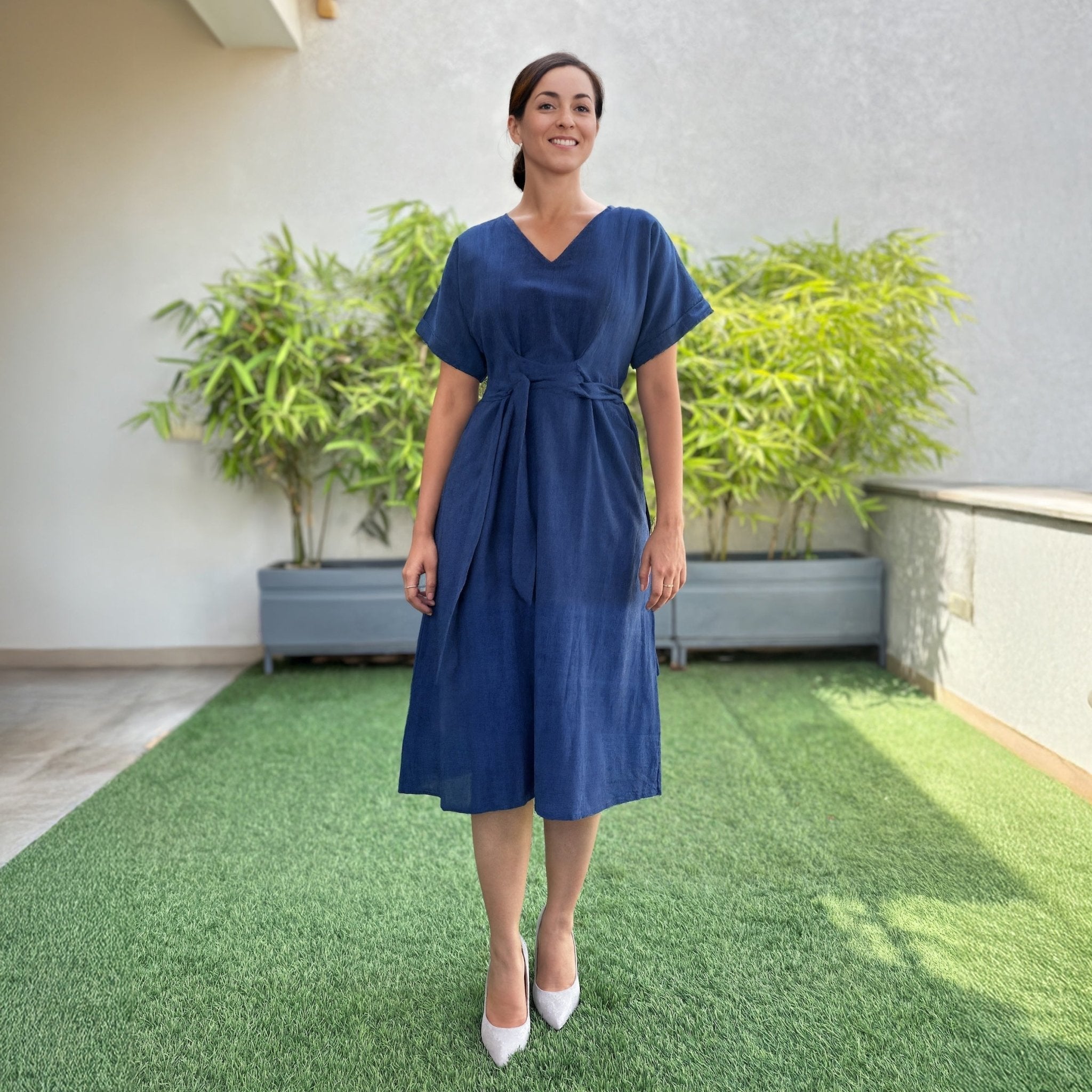 Navy Blue Handspun Cotton A-Line Midi Wrap Dress