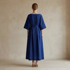 Navy Blue Handspun Cotton Boat Neck Maxi Dress with Kimono Sleeves