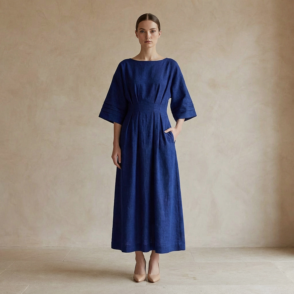 Navy Blue Handspun Cotton Boat Neck Maxi Dress with Kimono Sleeves