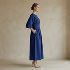 Navy Blue Handspun Cotton Boat Neck Maxi Dress with Kimono Sleeves