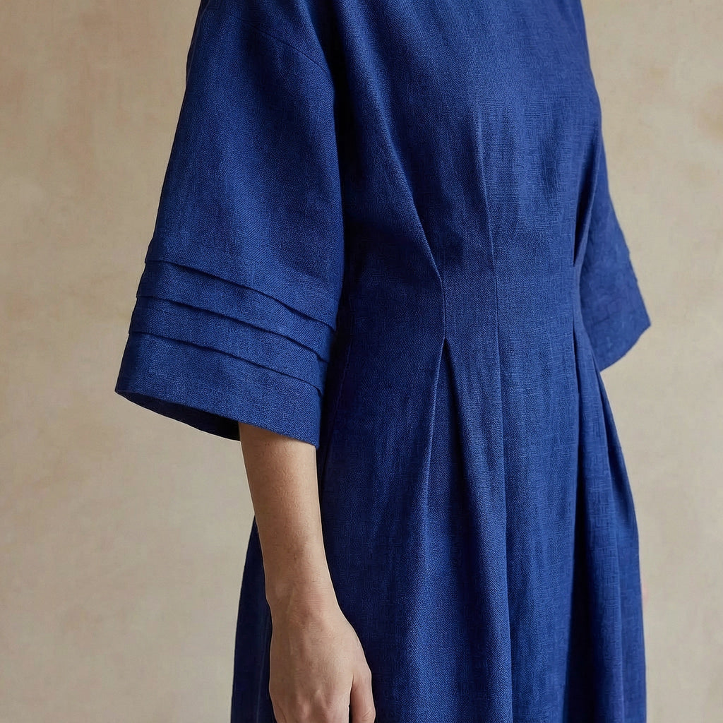 Navy Blue Handspun Cotton Boat Neck Maxi Dress with Kimono Sleeves