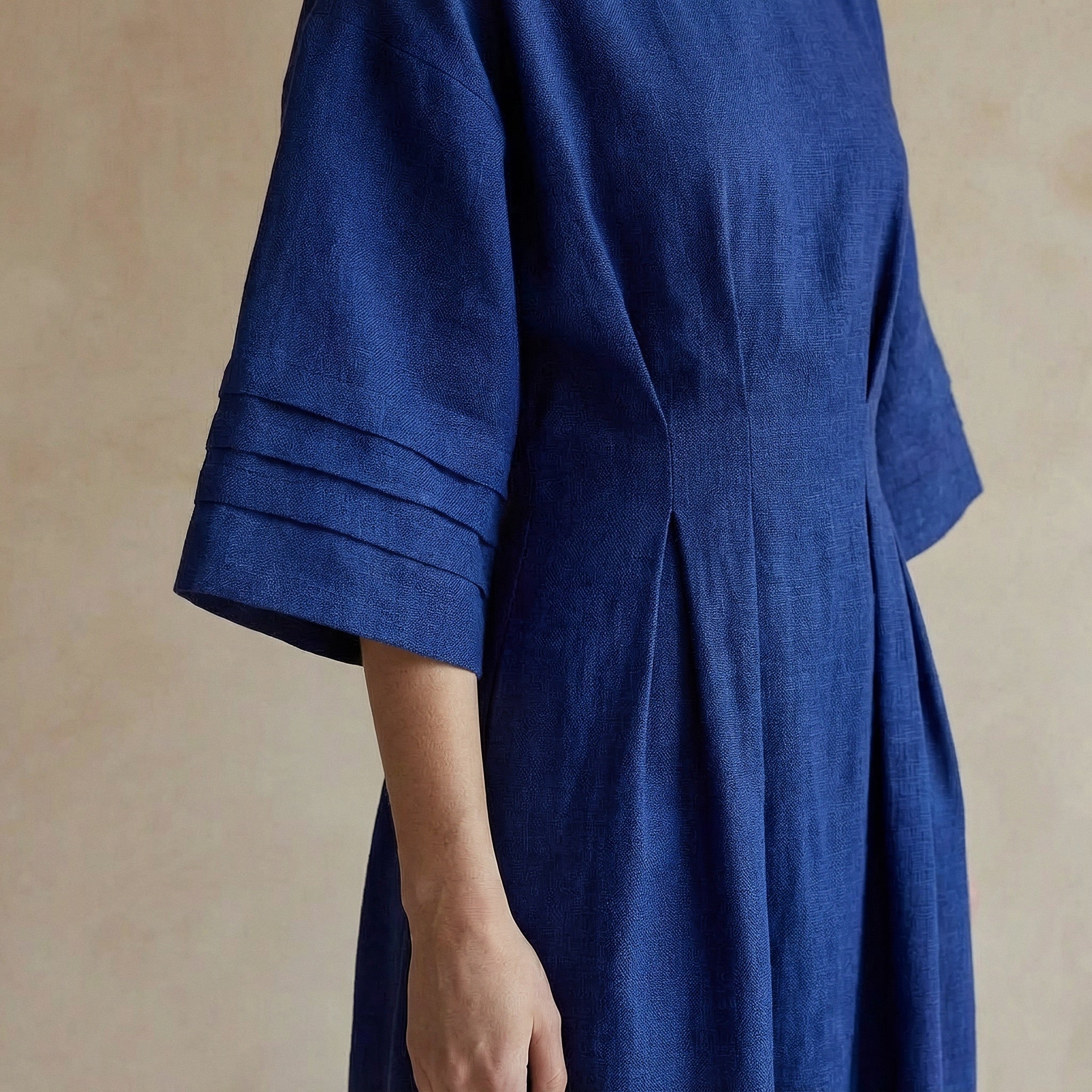 Navy Blue Handspun Cotton Boat Neck Maxi Dress with Kimono Sleeves