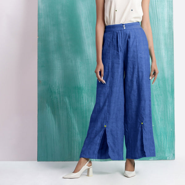 Navy Blue Handspun Cotton Elasticated Mid-Rise Wide Legged Pant