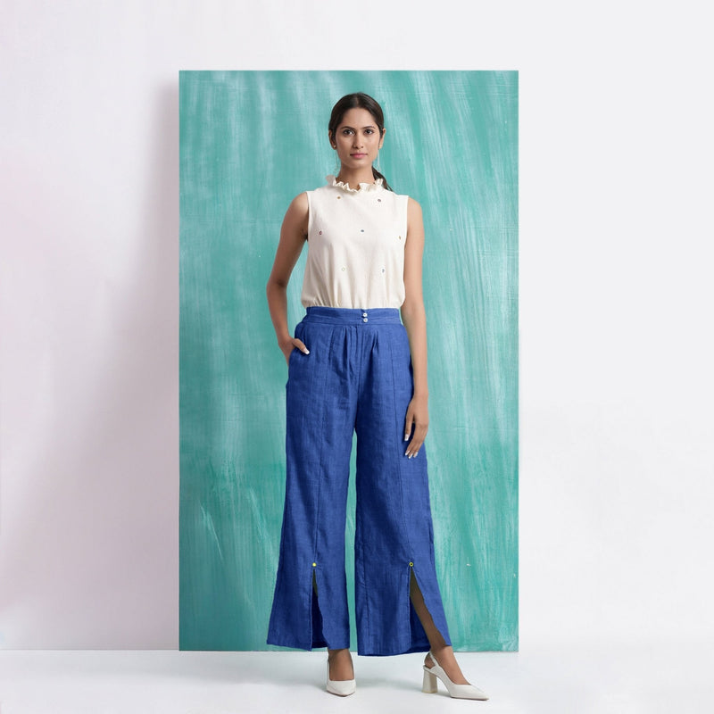 Navy Blue Handspun Cotton Elasticated Mid-Rise Wide Legged Pant