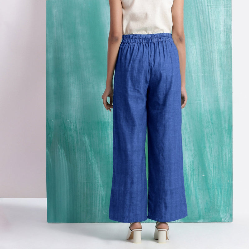 Navy Blue Handspun Cotton Elasticated Mid-Rise Wide Legged Pant